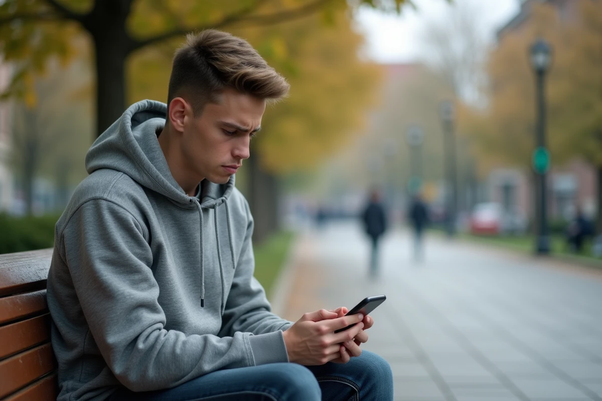 Jeune homme hésitant à répondre à un appel avec indicatif 212 depuis un banc en ville