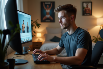 Jeune homme concentré devant son ordinateur dans une chambre sportive