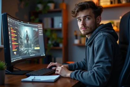 Jeune homme concentré devant son ordinateur en gaming
