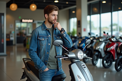 Jeune homme examine une moto 50cc neuve en concession