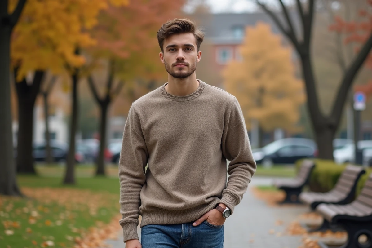 Jeune homme en pull dans un parc urbain en automne