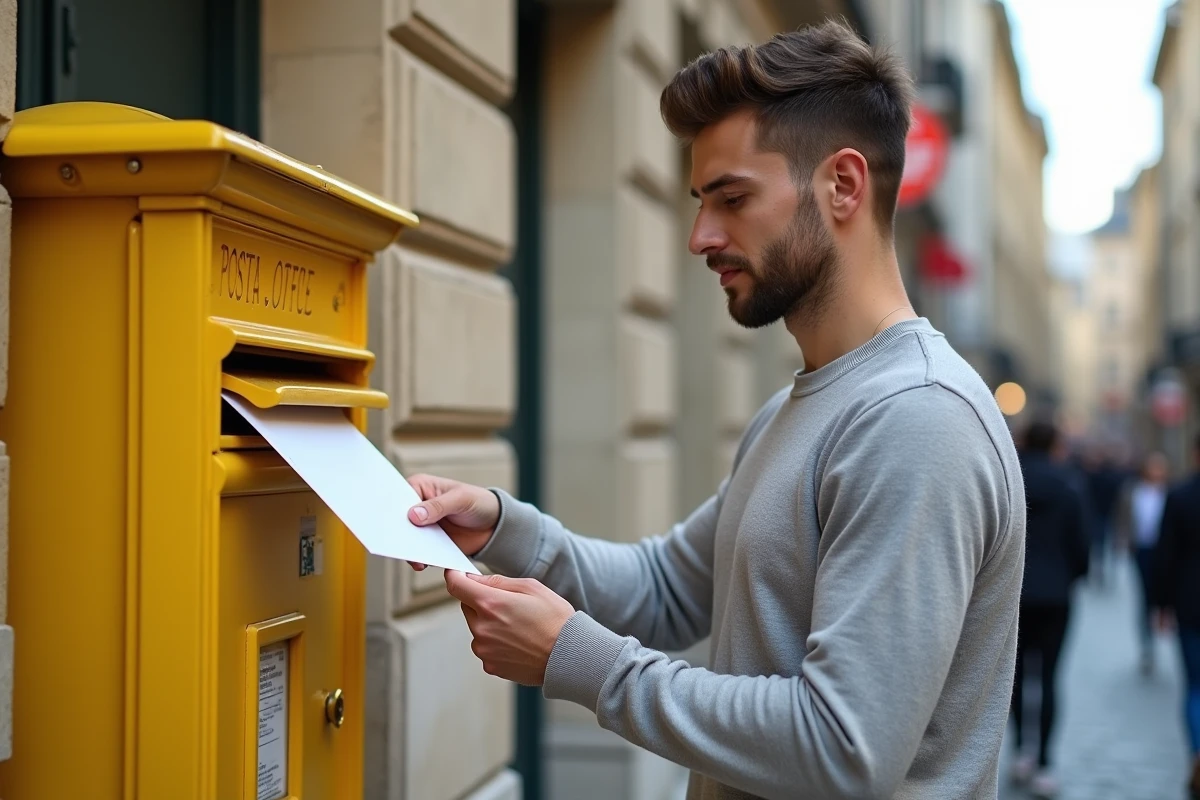 Jeune homme dépose une lettre dans une boîte aux lettres urbaine