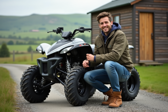 Jeune homme inspectant un quad dans la campagne