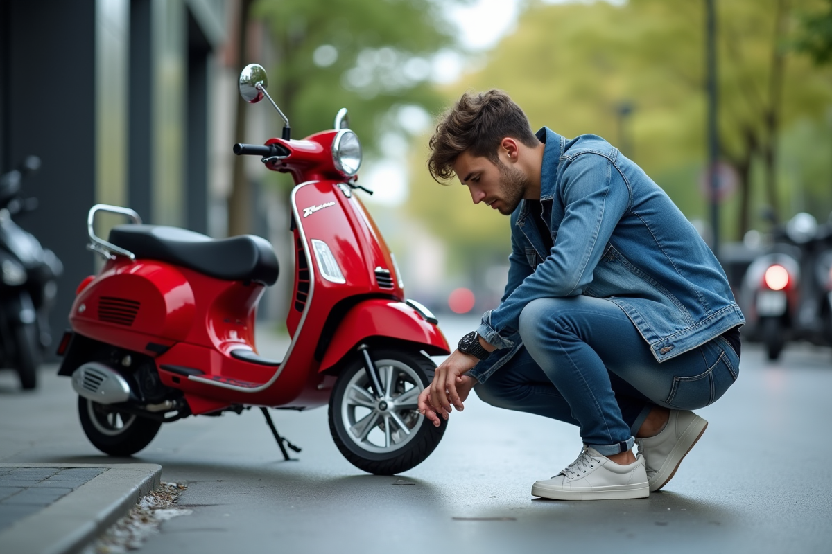 Jeune homme inspectant un scooter 50cc en ville
