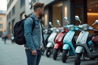 Jeune homme examinant des scooters 50cc en ville
