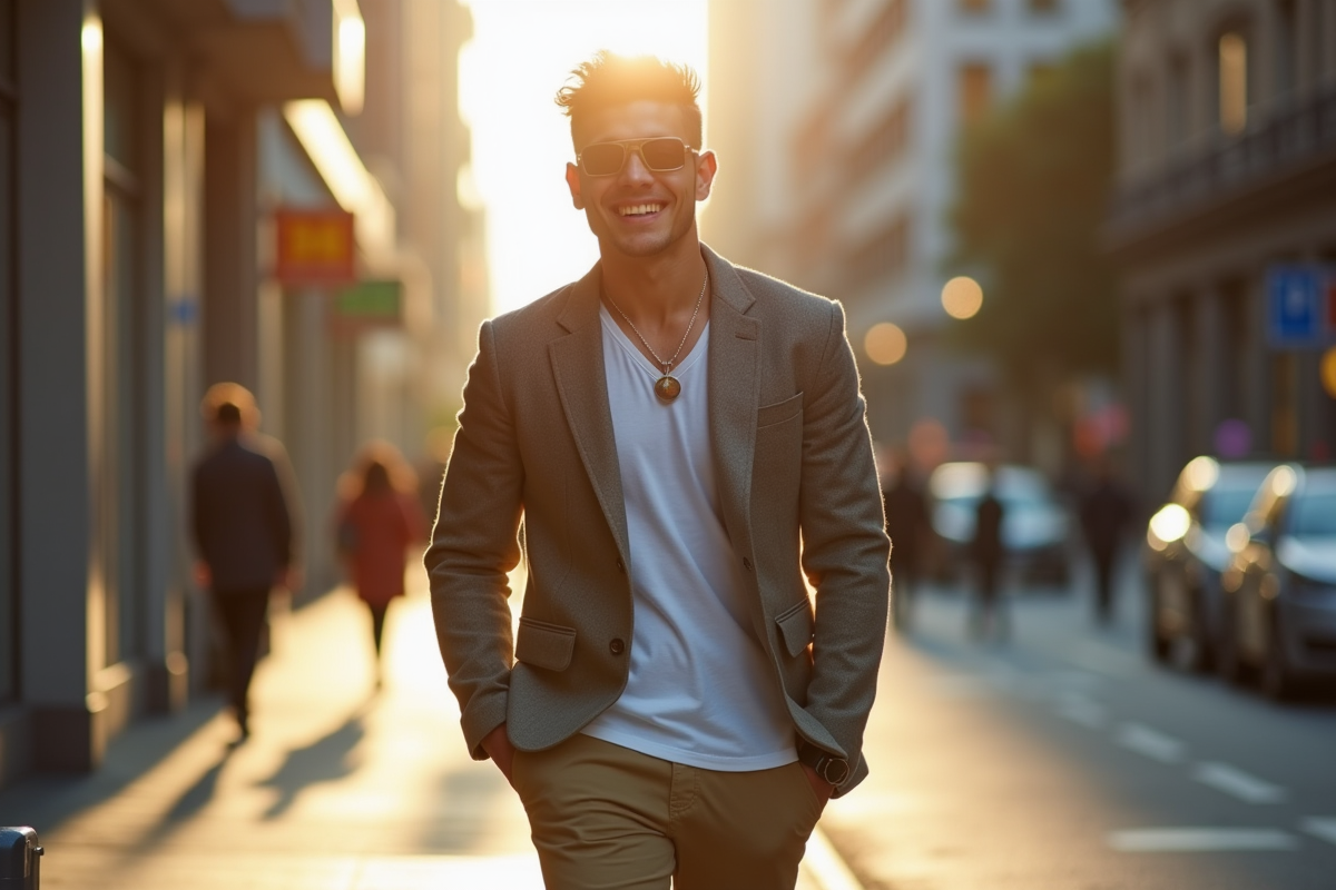 Jeune homme souriant en style urbain dans une rue animée