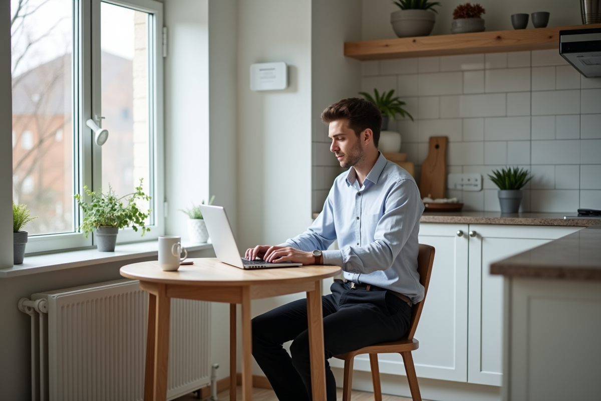 Jeune homme travaillant à côté d’un radiateur dans une cuisine moderne