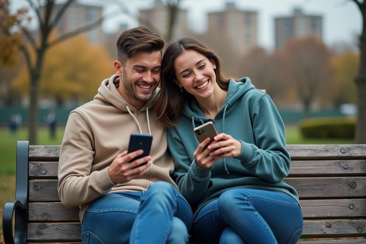 Deux jeunes adultes rient sur un banc en ville