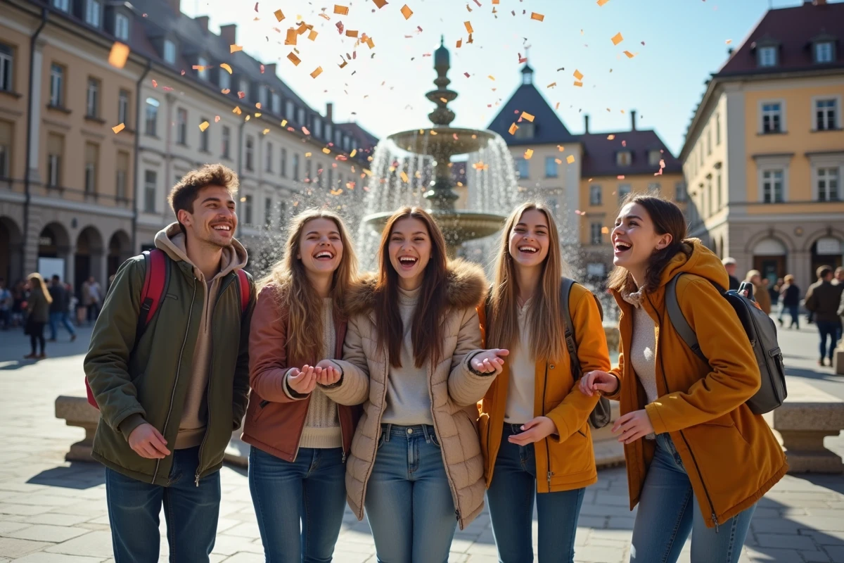 Jeunes lançant confettis dans une place urbaine festive