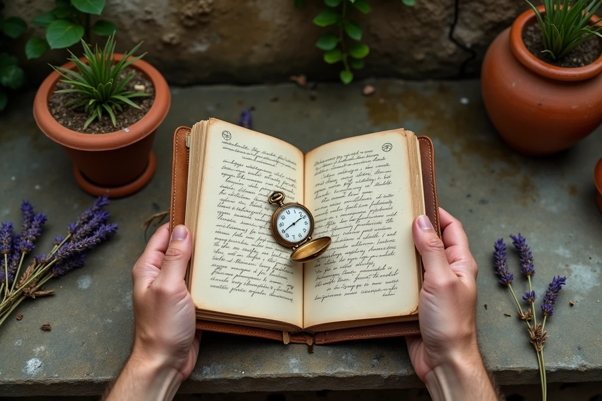 Mains tenant un journal de numérologie ouvert avec une montre de poche affichant 15h55 sur une terrasse en pierre, illustrant la signification spirituelle et karmique de l'heure miroir