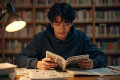 Jeune homme lisant un manga japonais One Piece à son bureau entouré de volumes et de pages imprimées