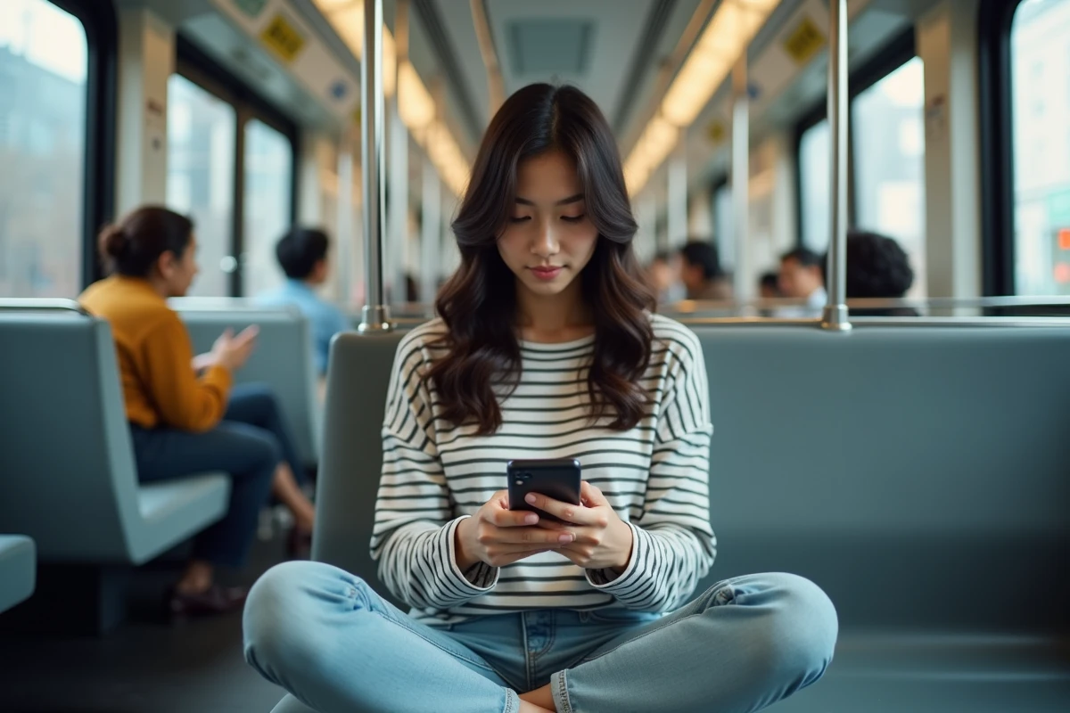 Jeune femme lisant des yaois sur smartphone dans les transports en commun