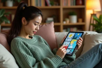 Jeune femme lisant des yaois sur tablette installée confortablement dans son salon