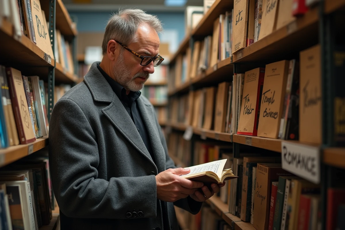 Homme dans une librairie indépendante devant des rayons organisés par genres littéraires polar science-fiction et romance, évoquant les différents styles de narration