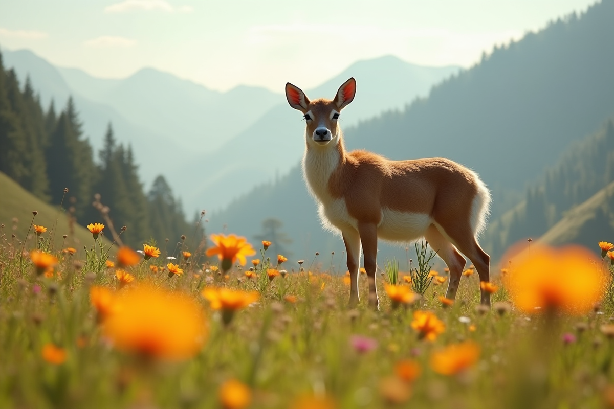 Liger rare dans un champ ensoleille avec montagnes