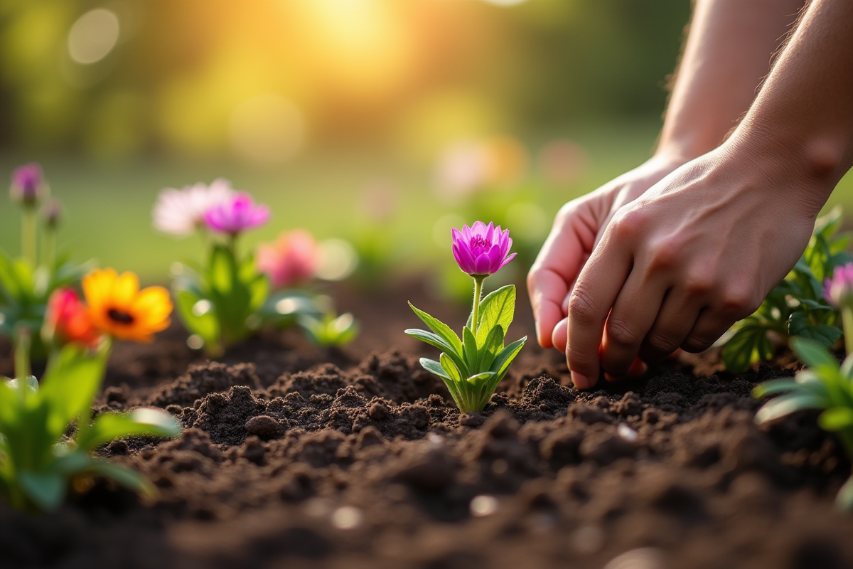 Mains plantant des fleurs en courbe S dans la terre en plein soleil