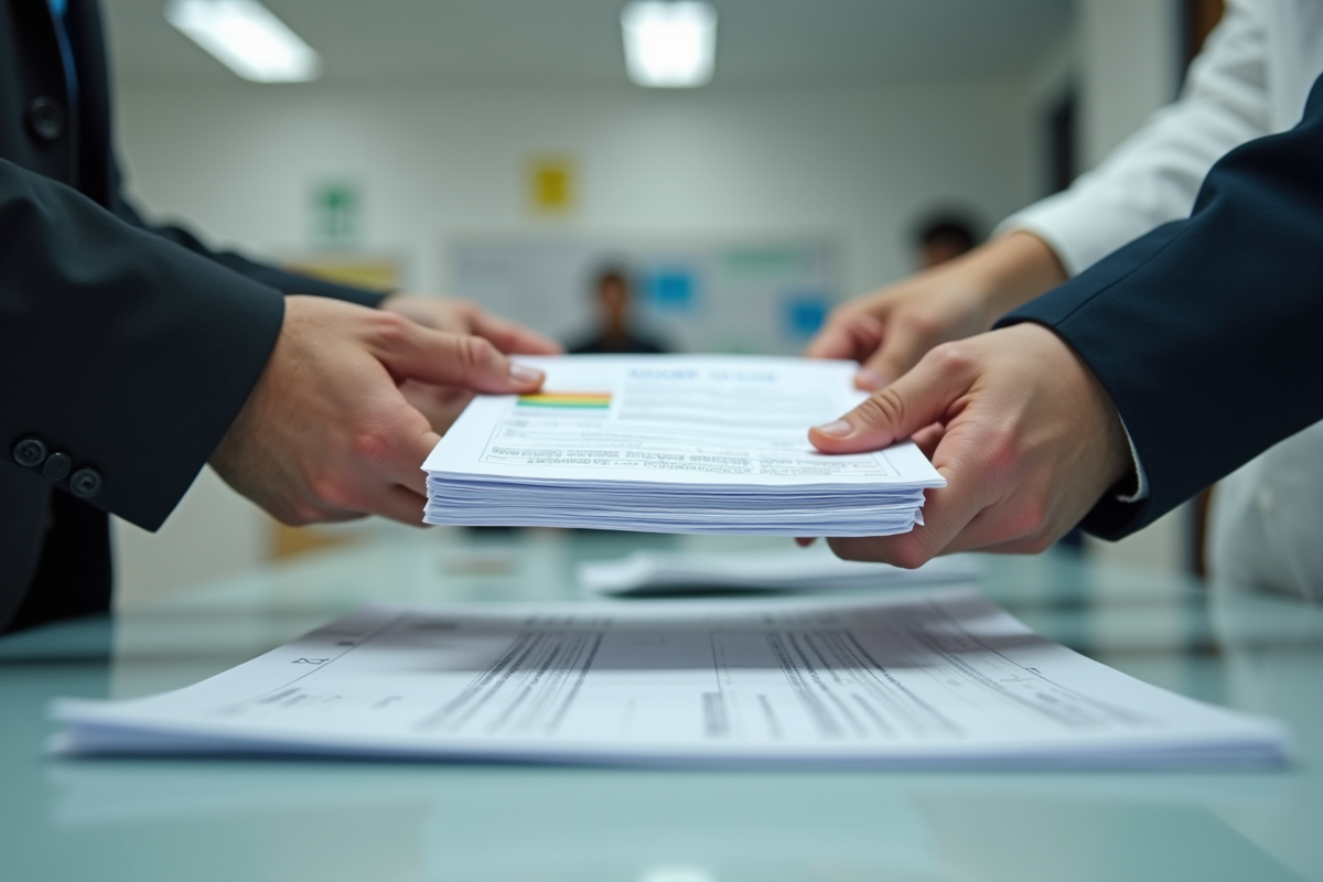 Mains passant des documents administratifs en bureau