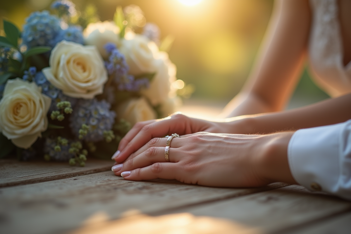 Mains avec alliances reposant sur une table en bois avec bouquet blanc et bleu