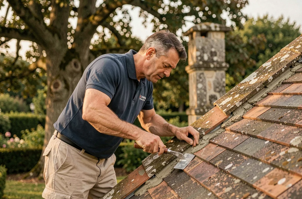 Couvreur Maison Dujardin rénovant les tuiles de faîtage d'un manoir résidentiel dans un quartier arboré des Hauts-de-Seine