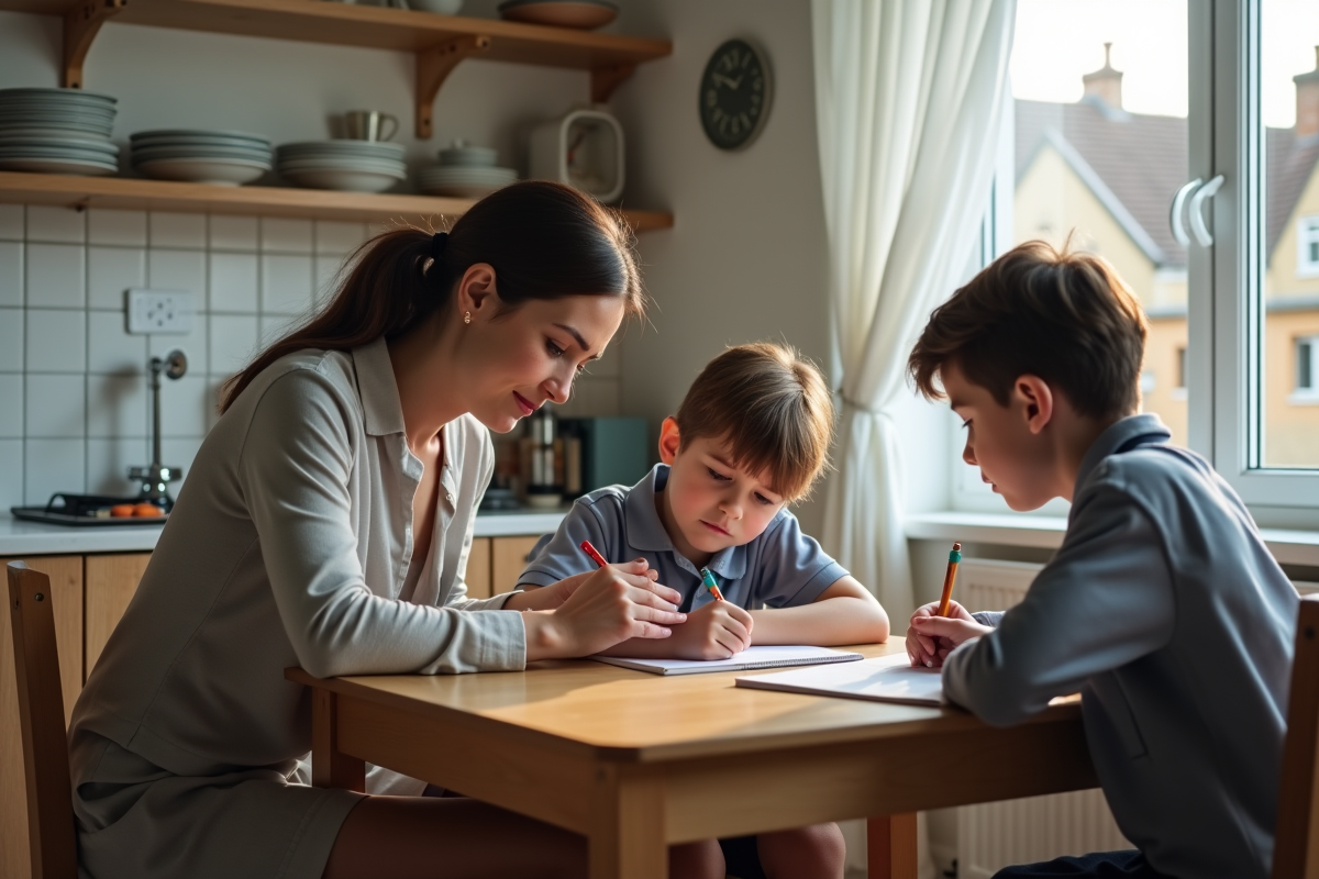 Maman et ses enfants dans une cuisine familiale