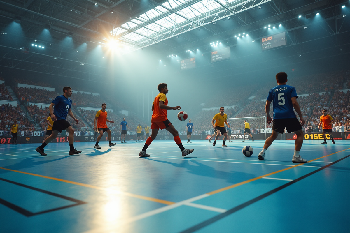 Match de handball en cours dans une arene moderne avec joueurs dynamiques