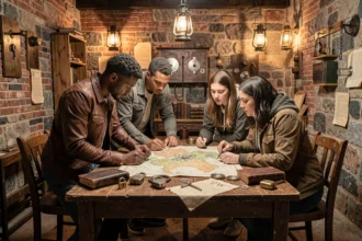 Groupe de joueurs adultes en train de résoudre des énigmes dans une salle d'escape game en Occitanie, entourés de cadenas, cartes et accessoires mystérieux