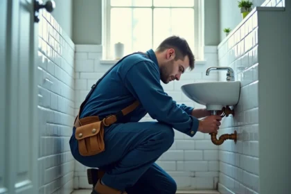 Plombier professionnel inspectant des tuyaux en cuivre dans une salle de bain moderne dans le Puy-de-Dôme