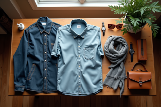 Disposition de vêtements et accessoires sur une table en bois