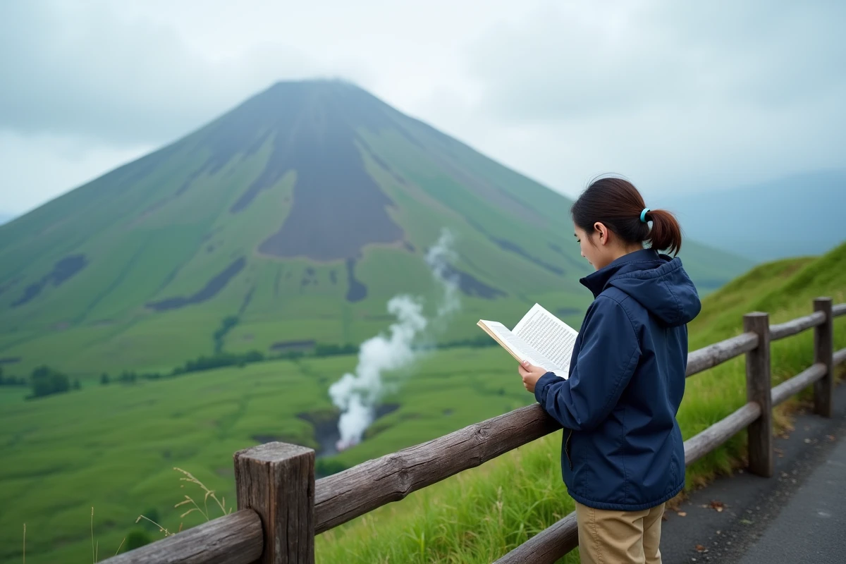 Jeune femme observant le volcan Aso depuis un point de vue