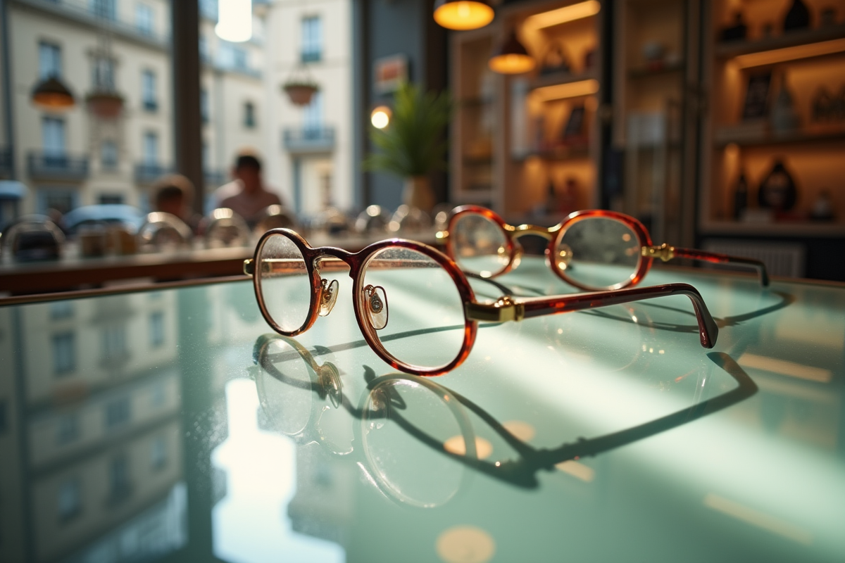 Vitrine avec montures de lunettes élégantes dans une boutique parisienne