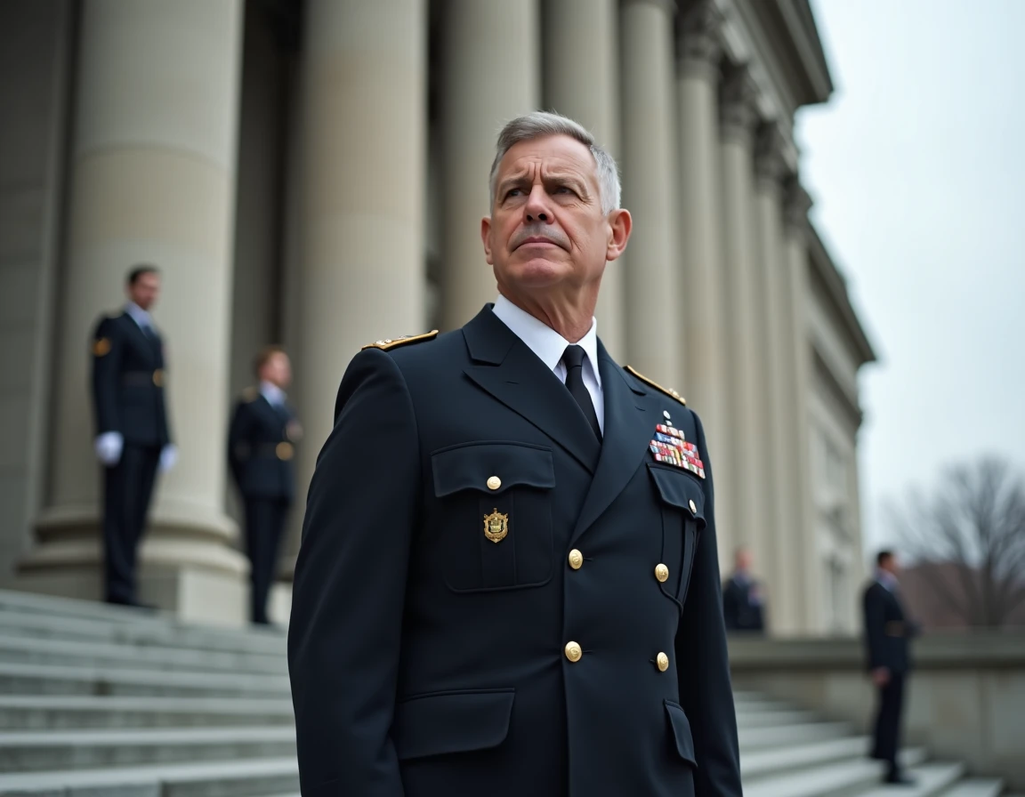 Officier en uniforme devant un bâtiment gouvernemental néoclassique lors d'une cérémonie officielle, symbolisant l'ambition politique dans un contexte militaire