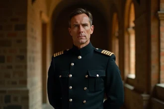 Officier militaire en uniforme sombre dans un couloir de pierre évoquant l'ascension politique de Mustang dans Fullmetal Alchemist Brotherhood