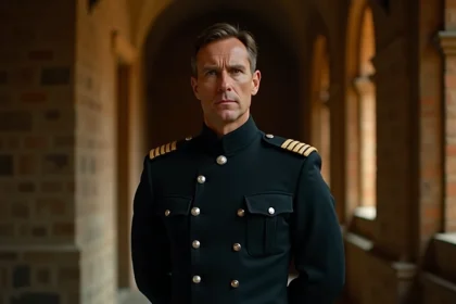 Officier militaire en uniforme sombre dans un couloir de pierre évoquant l'ascension politique de Mustang dans Fullmetal Alchemist Brotherhood