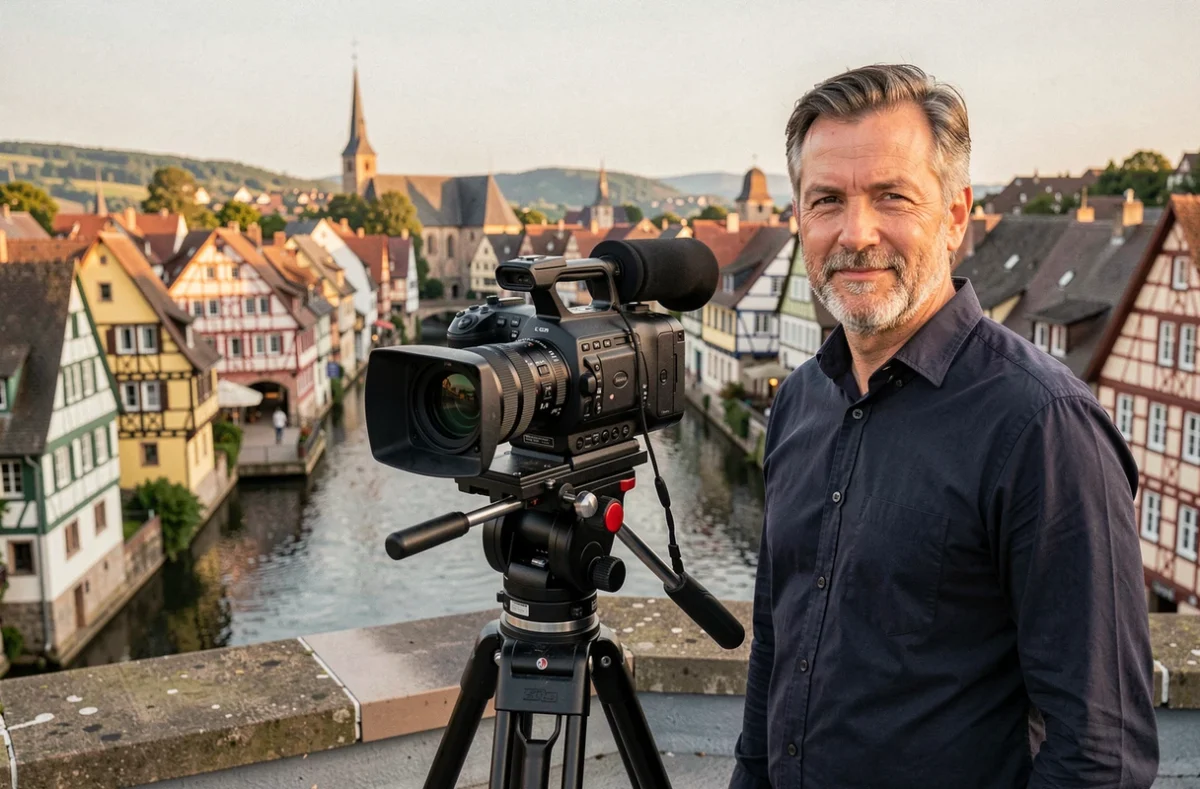 Olivier Arquès, vidéaste professionnel sur les toits de Colmar avec caméra cinéma