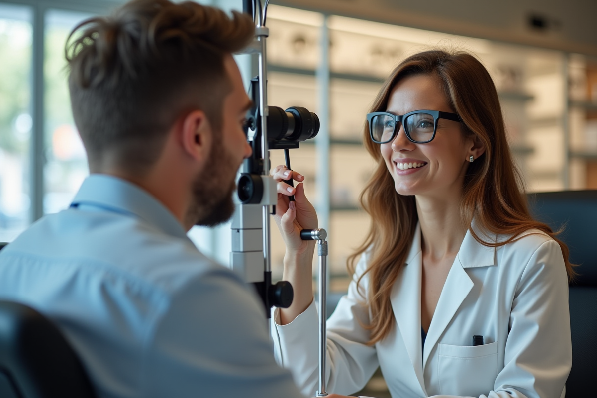 Opticien amical aidant un client lors d'un examen de vue à Paris