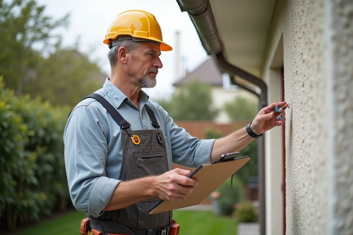 Ouvrier en overalls examine une façade de maison en stuc