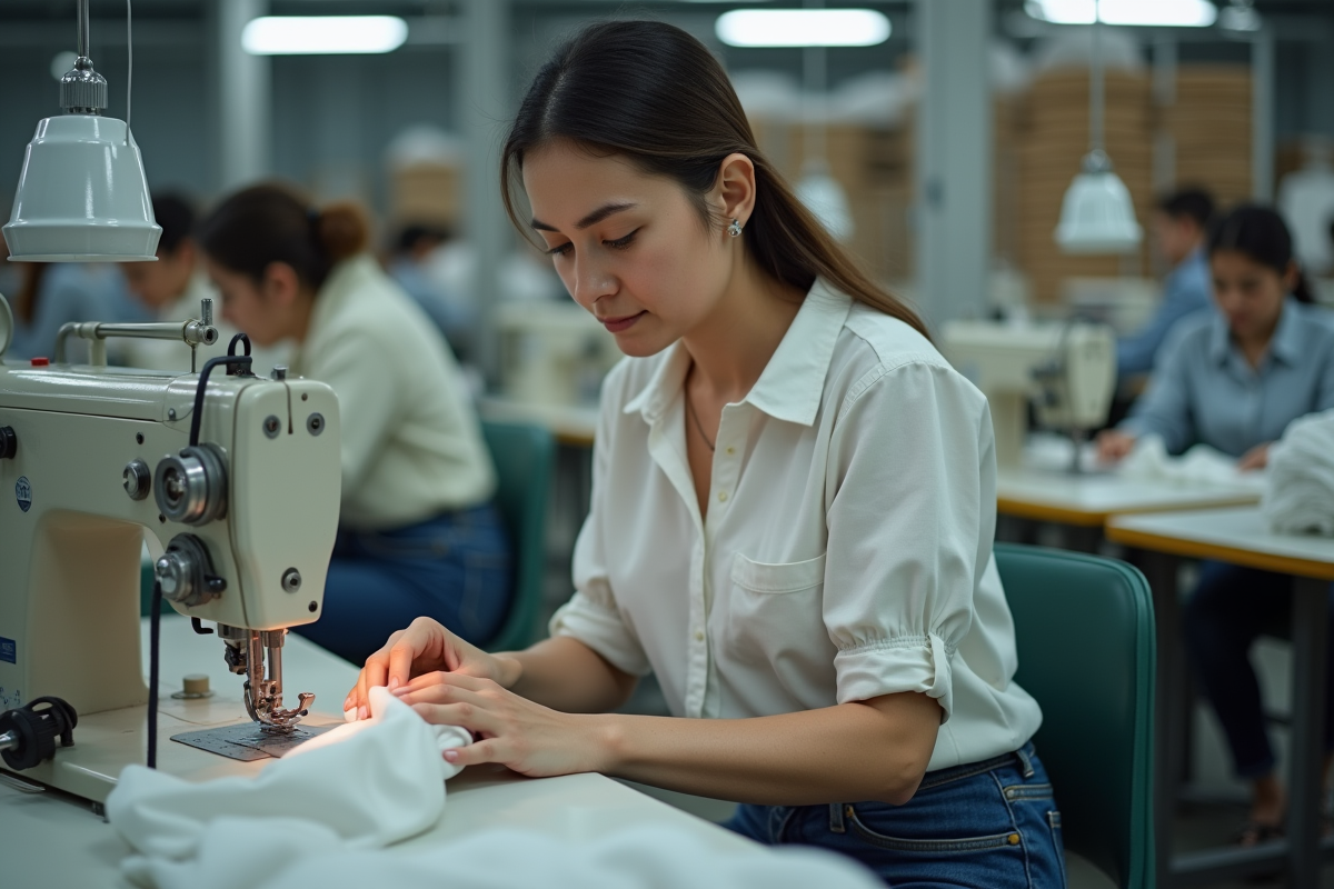 Femme couturiere concentrée à la machine à coudre en usine