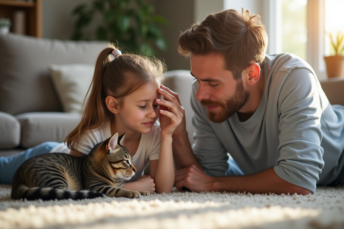Père vérifiant la fièvre de sa fille allergique avec chat à côté