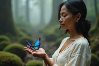 Femme en méditation avec un papillon morpho bleu posé sur sa paume dans une forêt mystique, symbolisant le chamanisme et la transformation spirituelle