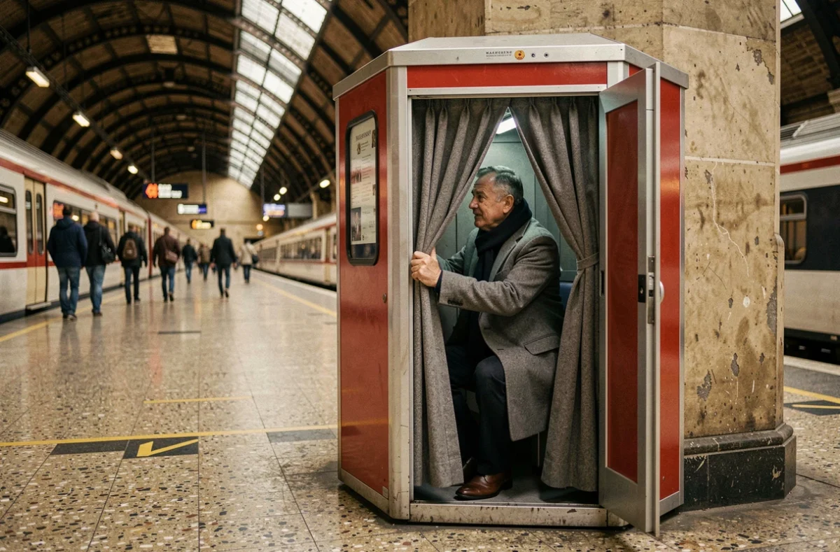 Homme utilisant une borne photomaton dans une gare SNCF française pour obtenir des photos d'identité à prix réduit