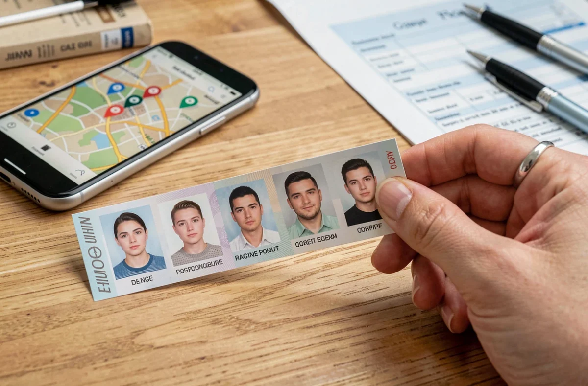 Photos d'identité imprimées par une borne photomaton avec localisation des offres pas chères sur smartphone