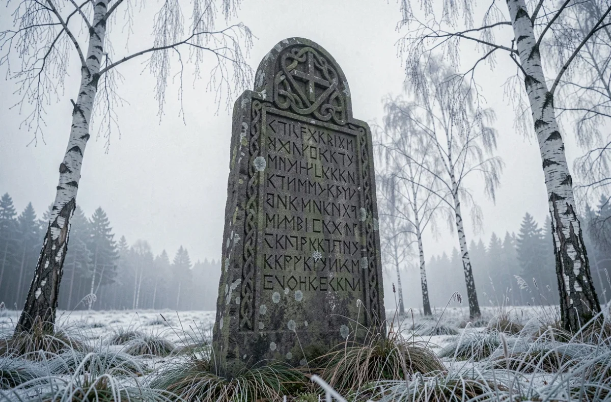 Pierre runique viking gravée de runes nordiques évoquant les noms scandinaves anciens comme Björn et Côte-de-Fer