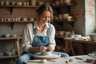 Jeune femme façonnant de l'argile dans un atelier parisien