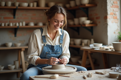 Jeune femme façonnant de l'argile dans un atelier parisien