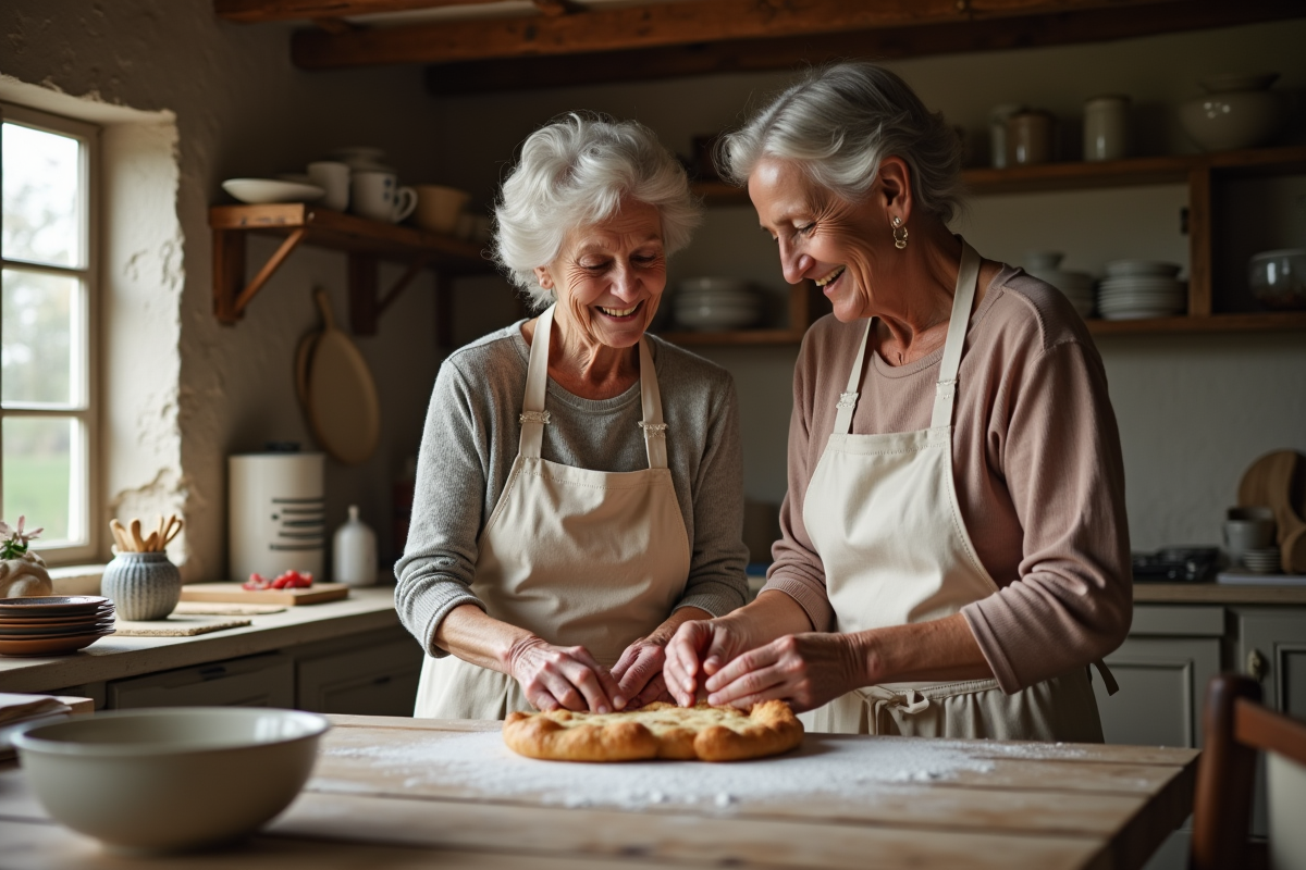 Grand-mère et petite-fille préparant une galette dans la cuisine