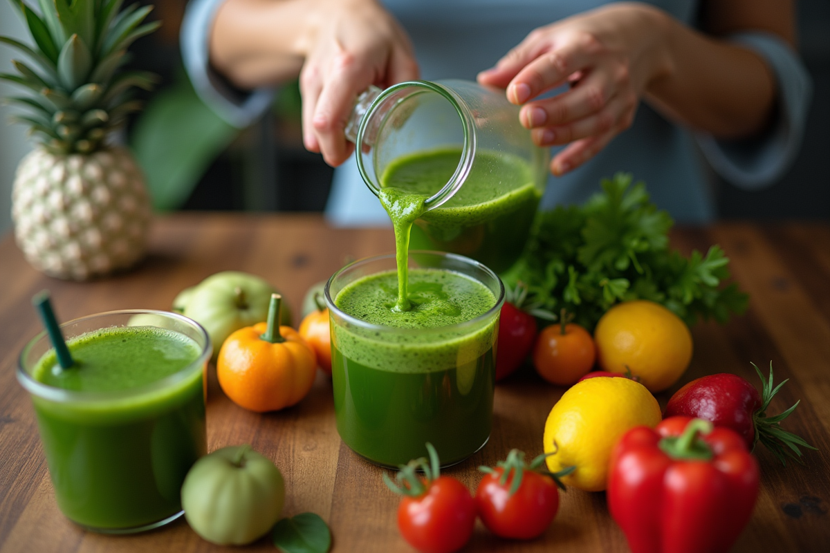 Mains versant du jus vert fraîchement pressé dans un verre