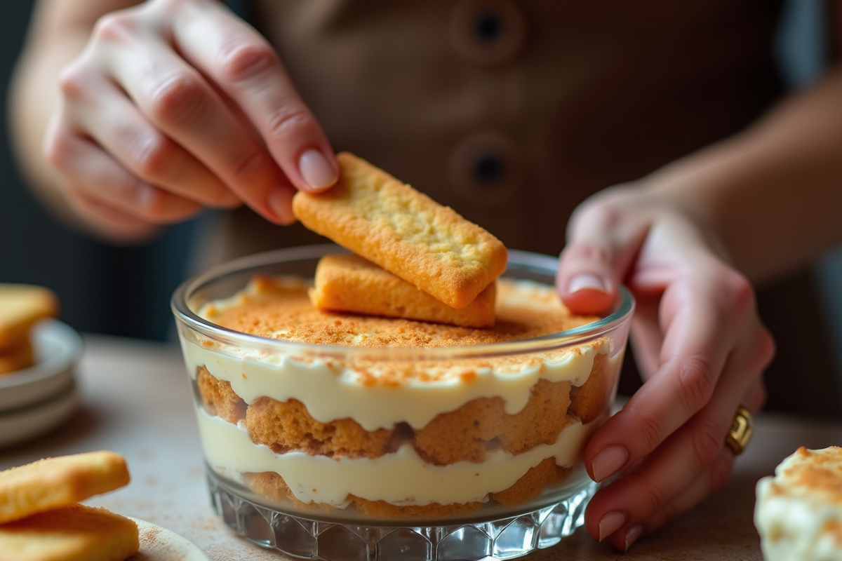 Mains disposant délicatement des biscuits ladyfingers dans un tiramisu