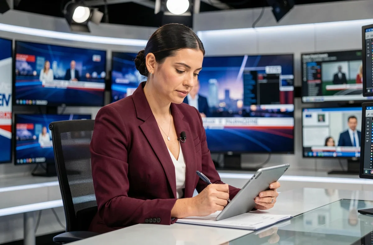 Journaliste présentatrice sur un plateau de télévision France 2, préparation avant une émission en direct