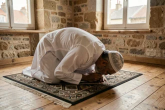 Homme musulman en djellaba blanche faisant la prière sur un tapis traditionnel dans un appartement bordelais aux murs en pierre