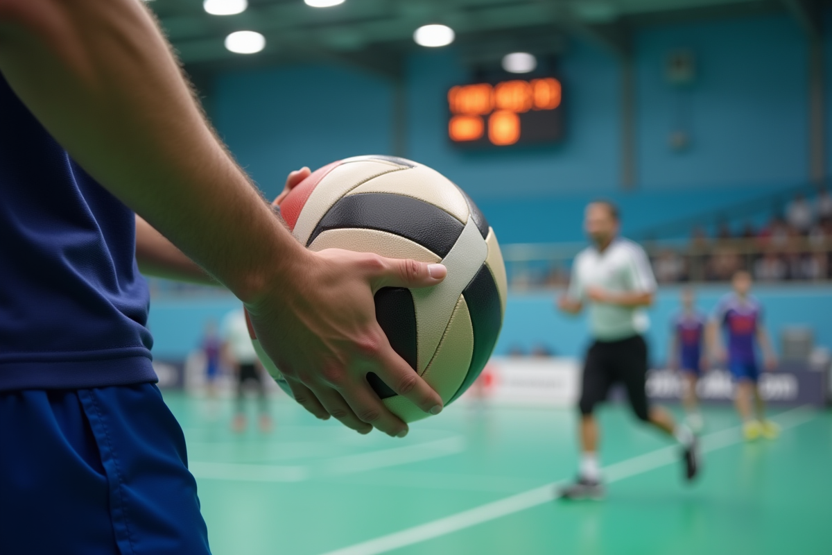 Détail d une main de joueur de handball tenant le ballon avec l horloge en arrière-plan